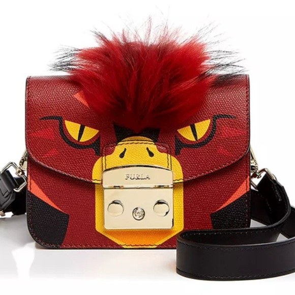 Furla Red and Black Crossbody Monster Bag with Gold Accents NEW $398 Retail